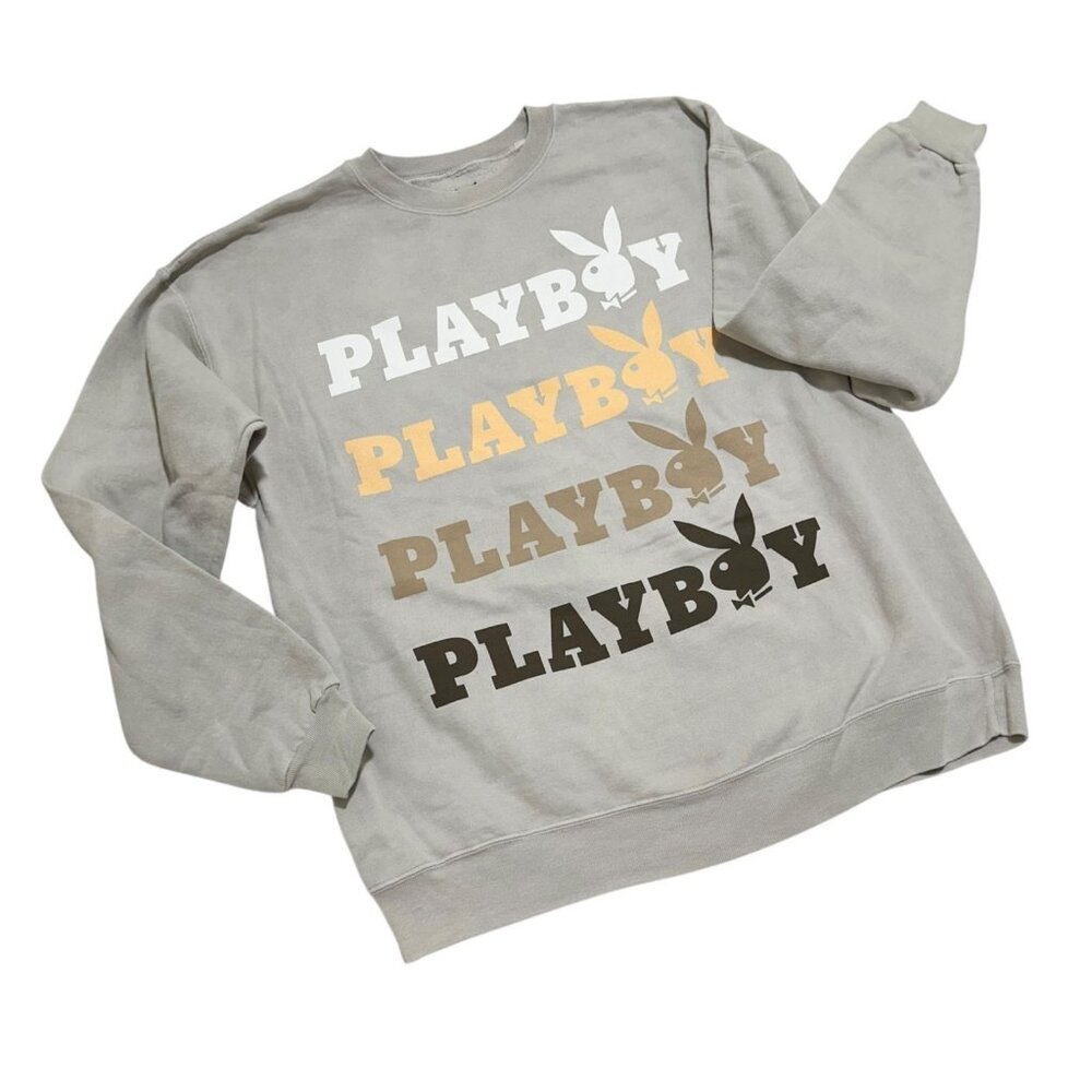Playboy Sweatshirt Womens Size L Beige Crewneck Sweater‎ Pullover Bunny Casual